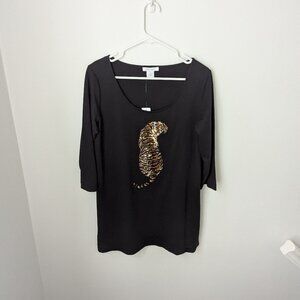 NWT Joan Vass Women's Sequin Tiger Tunic & Black Leggings Set, Medium